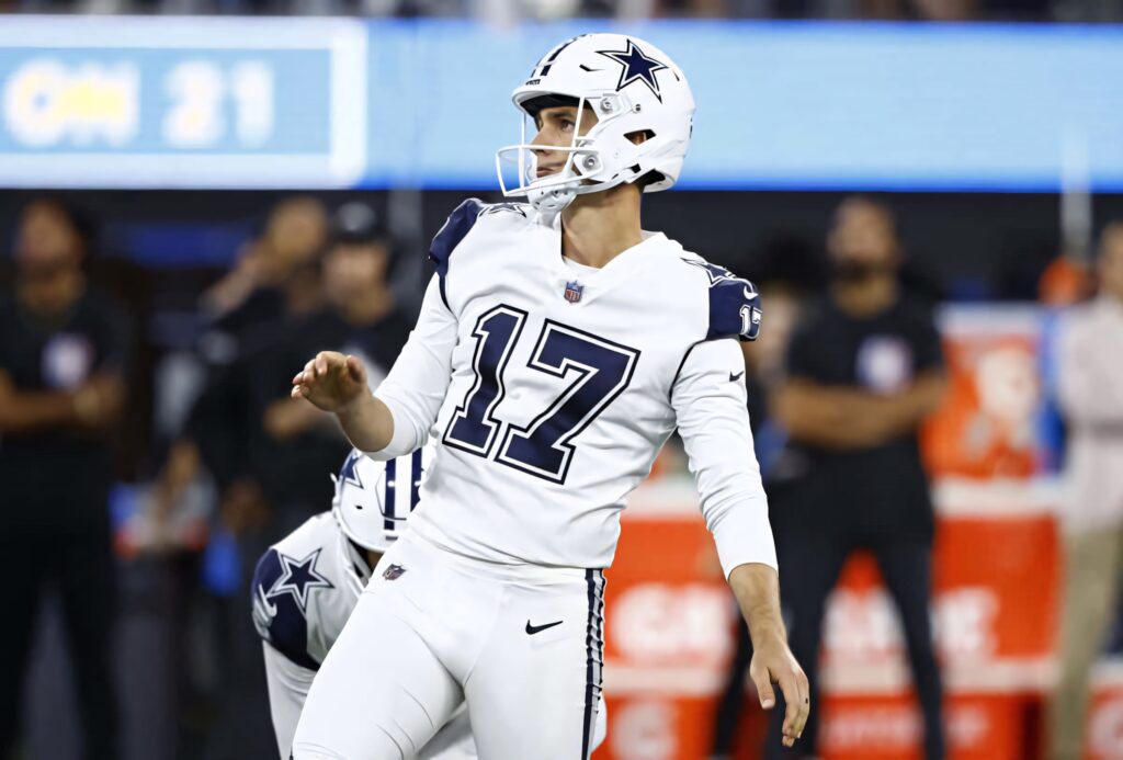 Brandon Aubrey Dallas Cowboys kicker mid-kick football field NFL action high-resolution wallpaper