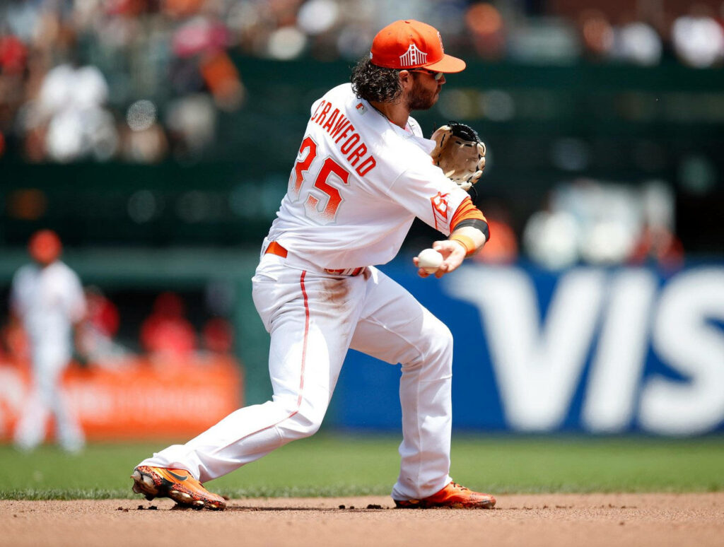 Brandon Crawford San Francisco Giants mid-action bent arm athletic stance baseball wallpaper