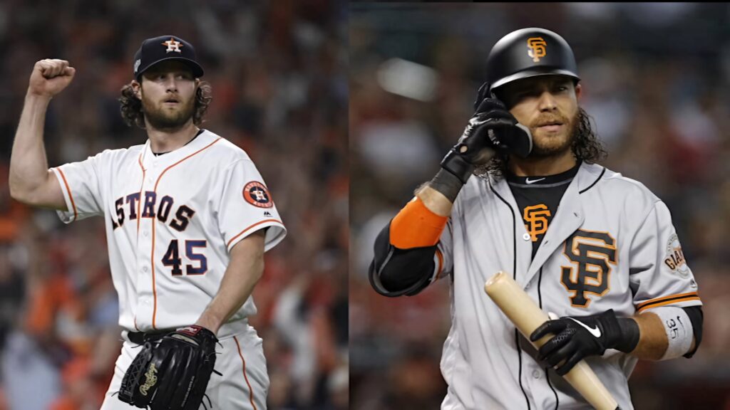 Dynamic Brandon Crawford collage with action shots and vibrant San Francisco Giants stadium background Wallpaper