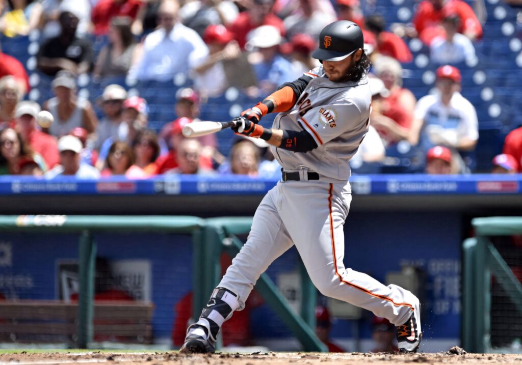 Brandon Crawford mid-swing San Francisco Giants MLB baseball action HD wallpaper background