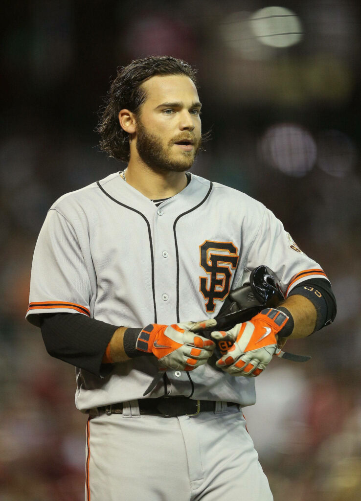 Brandon Crawford Giants shortstop in action wearing orange gloves high resolution game wallpaper