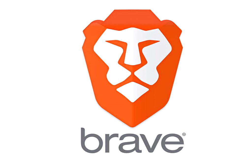 Brave Browser wallpaper with bold orange white lion emblem and modern gray logo on white background