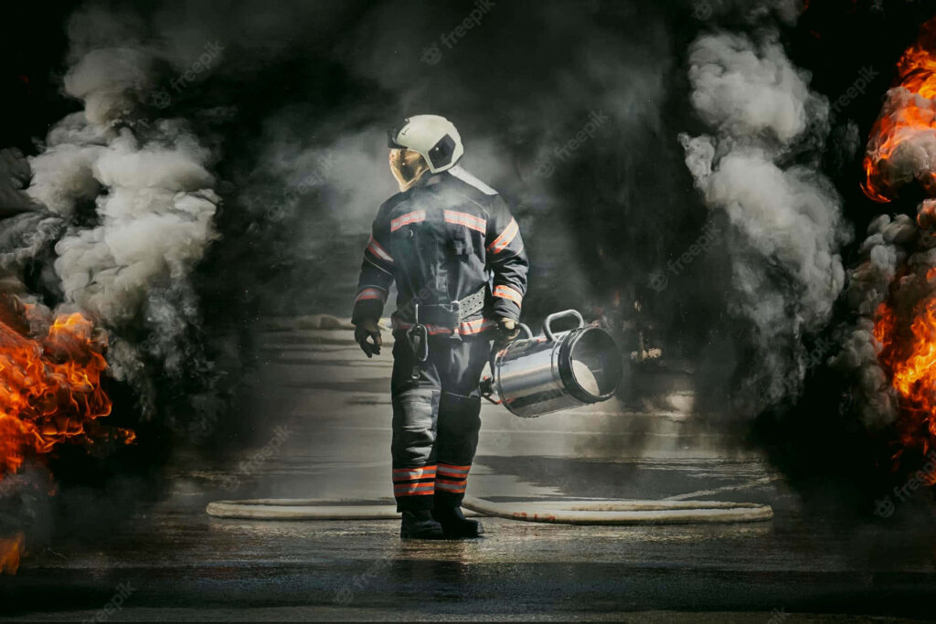 Firefighter officer in smoky blaze holding equipment during intense rescue scene background wallpaper