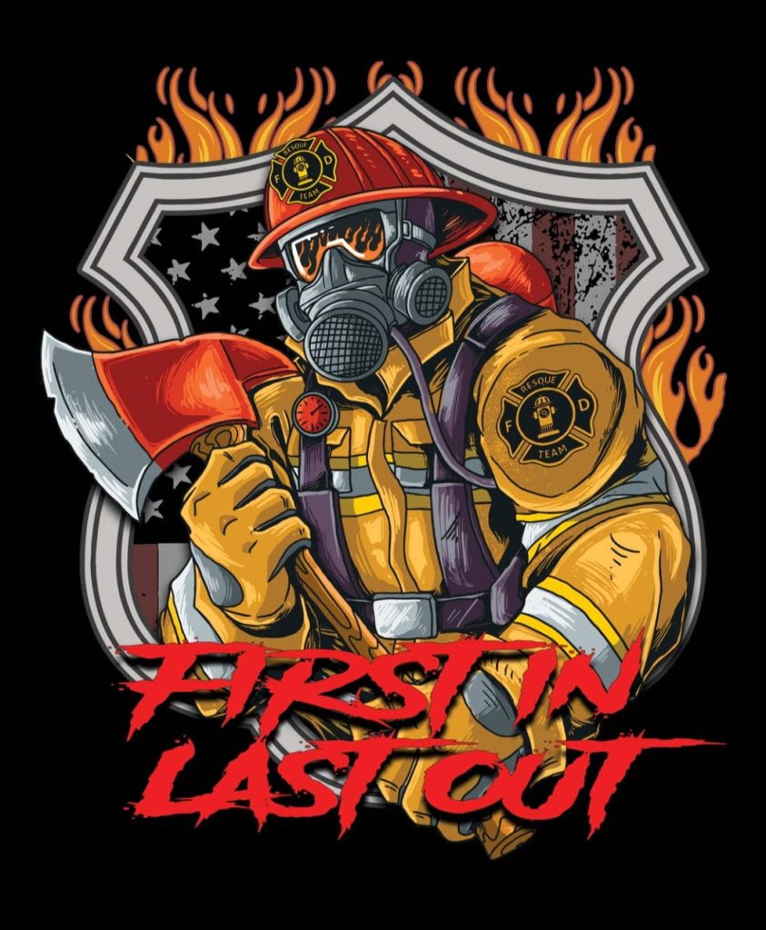Firefighter in full gear with axe and gas mask against American flag shield honoring heroes Wallpaper