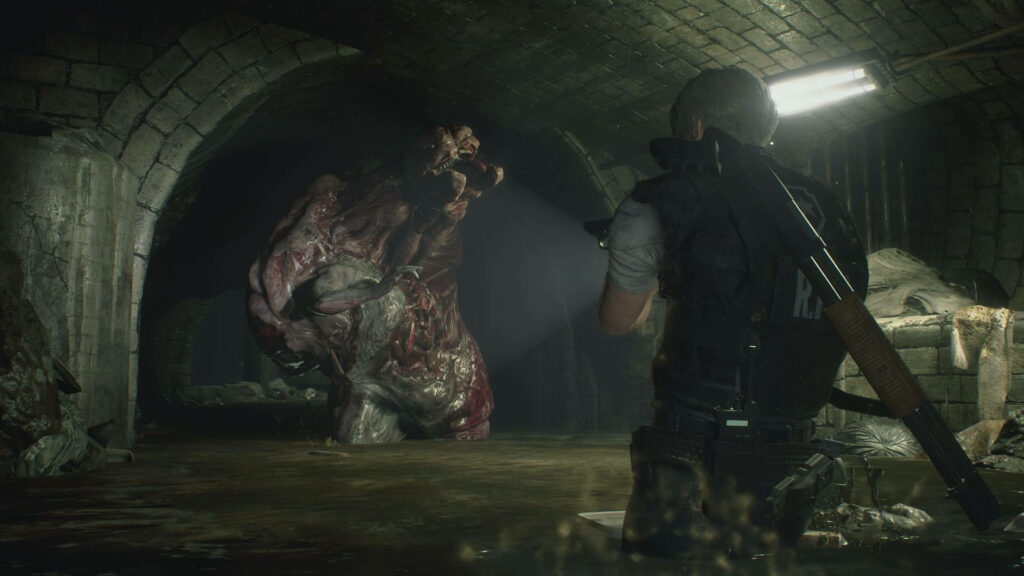 Brave shooter aims rifle at monstrous mutant in dark grimy sewer intense gaming wallpaper background