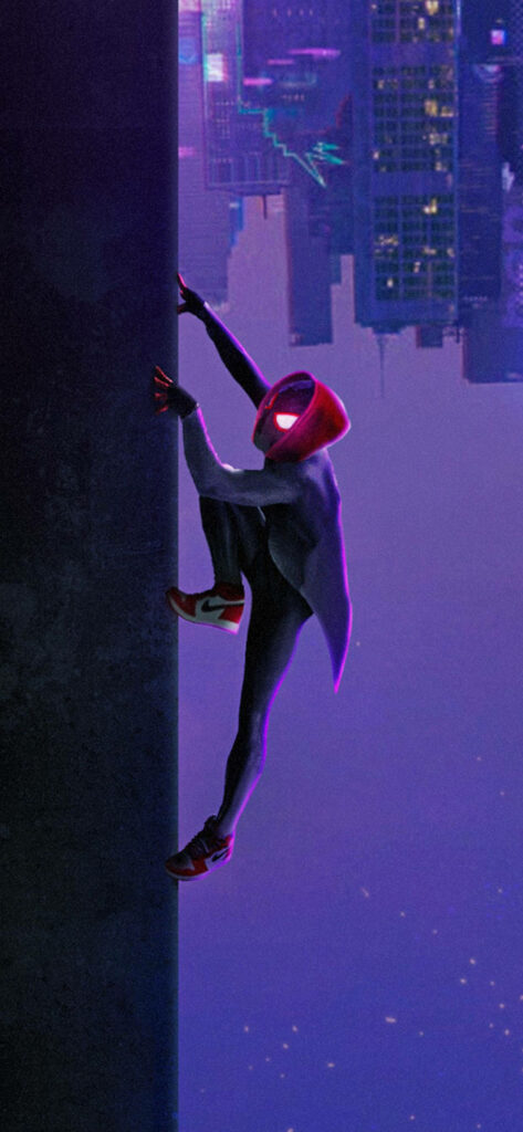 Courageous Miles Morales Embracing the Shadows with an Enigmatically Reversed Purple Cityscape Wallpaper