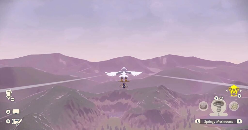 Braviary carrying a Pokemon trainer flying over mountains under pastel sky wallpaper background