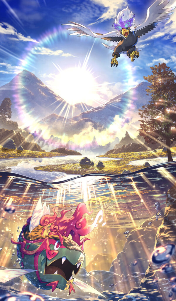 Braviary soaring against sunlit sky hunting Basculegion gliding in sparkling river below Wallpaper