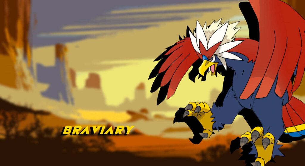 Braviary soaring over canyon at sunset vivid anime style Pokémon nature digital art wallpaper