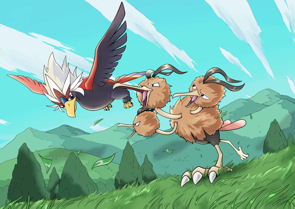 Braviary racing alongside Dodrio over lush green fields under bright blue sky vibrant Pokémon art Wallpaper