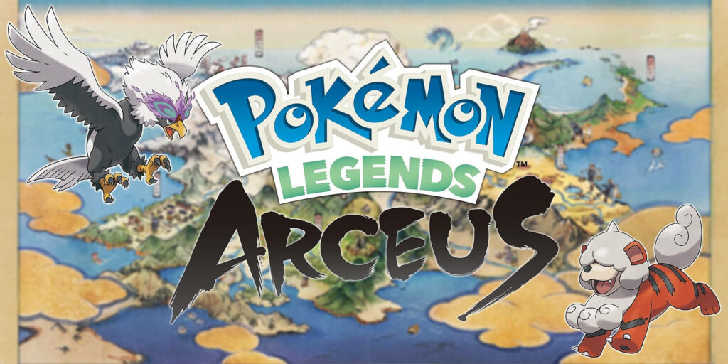Braviary and Growlithe from Pokemon Legends Arceus on colorful Hisui region map wallpaper background