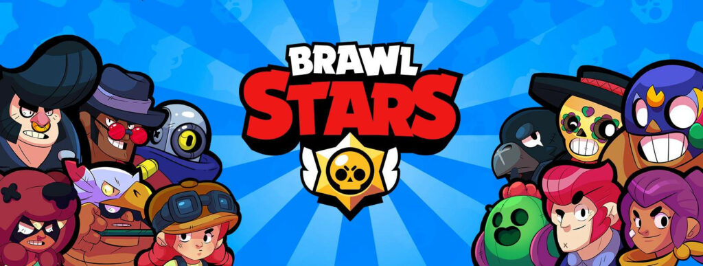 Intense Showdown: Brawl Stars Clash of Rival Crews in Dynamic Blue Background Wallpaper
