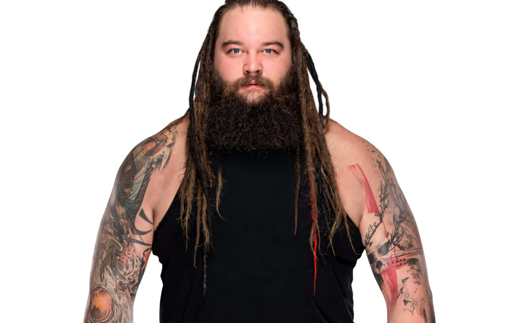 Bray Wyatt wrestler wallpaper intense expression detailed tattoos muscular build white background