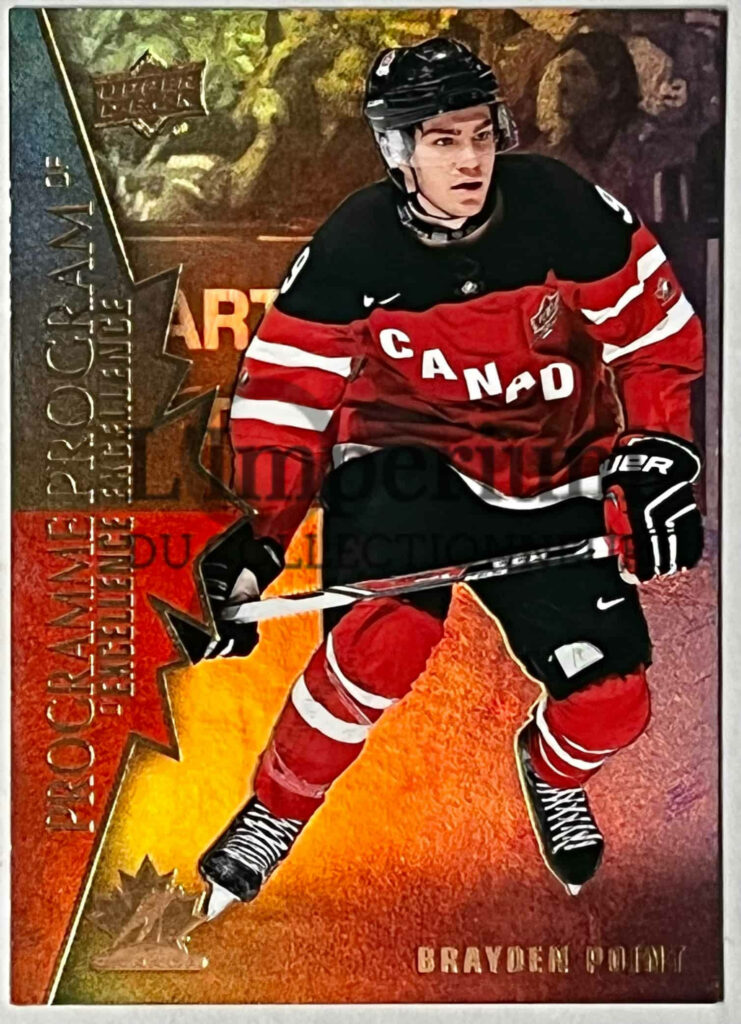 Brayden Point Canadian hockey star in red black jersey on metallic gold orange textured background Wallpaper