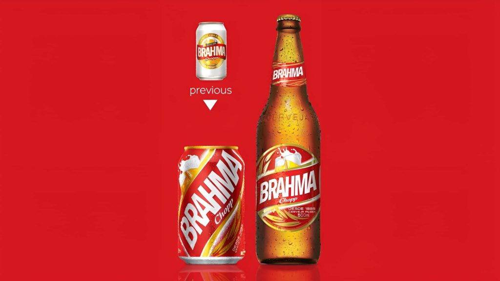 Brazilian Brahma Chopp beer packaging evolution with classic white can modern red gold can and brown bottle Wallpaper