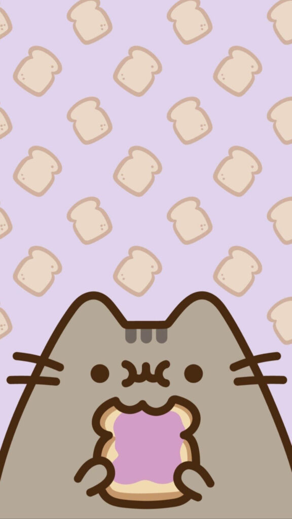 Whiskered Delight: A Playful Kawaii Kitty Indulging in Bread Galore against a Purple Breadscape Wallpaper