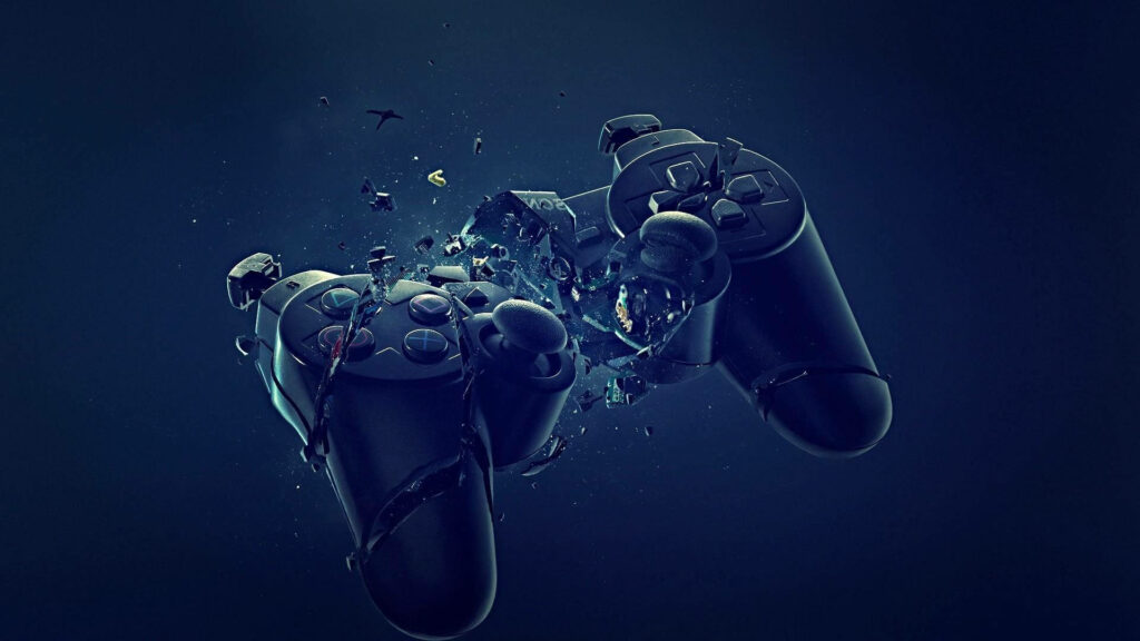 Breaking Boundaries: Capturing the Ultimate Disruption of a Dualshock4 Controller on a Stunning Navy Blue Background - Best PS4 Background Snapshot Wallpaper
