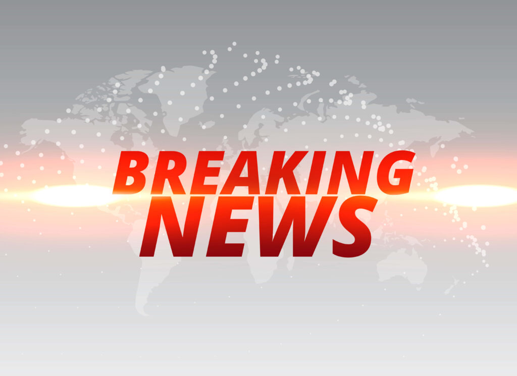 Breaking news graphic bold red text over gray world map with white nodes and light flare background Wallpaper