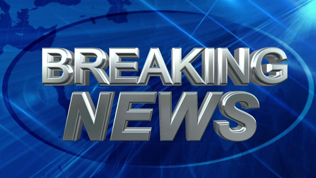 3D metallic silver breaking news text on blue abstract background with reflective lighting effects Wallpaper
