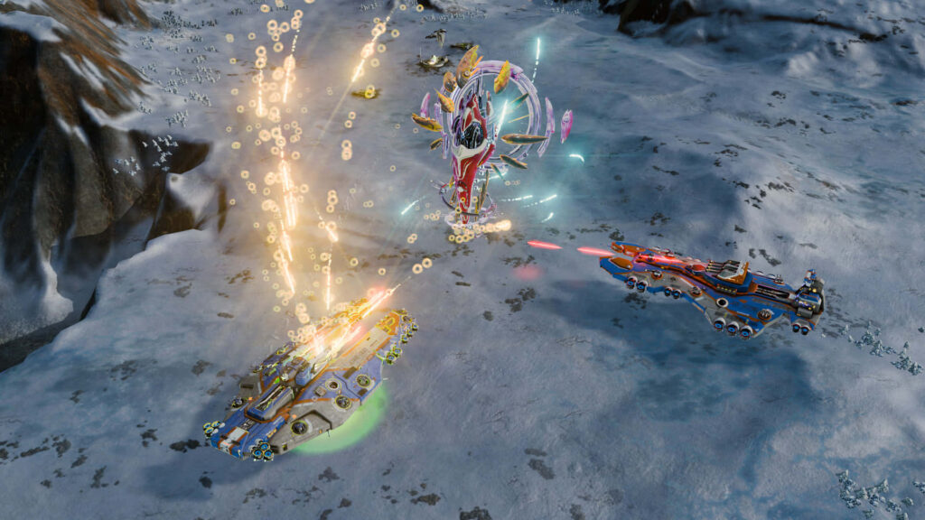 Futuristic warfare scene in Ashes of Singularity: Escalation with massive robot and energy projectiles on rugged terrain Wallpaper