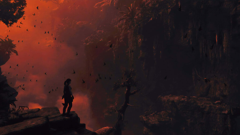 Lara Croft conquering the heights: A mesmerizing 4K backdrop from Shadow of the Tomb Raider Wallpaper
