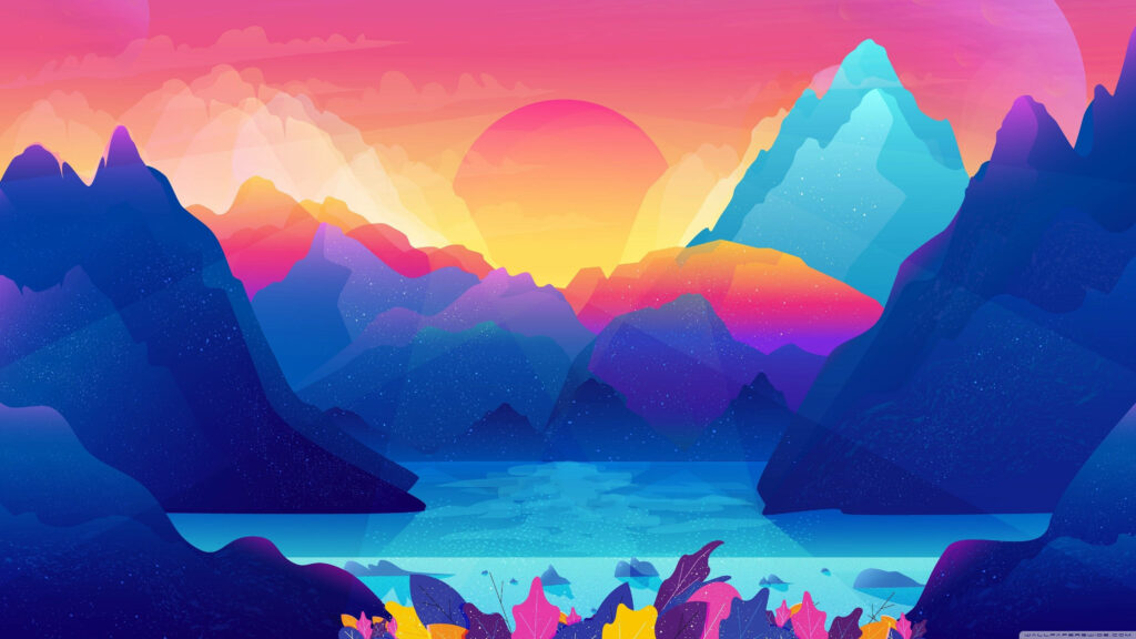 Vibrant 4K Wallpaper: Abstract Mountains & Colorful Sunset Scene