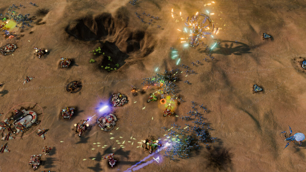 Dynamic Battle Scene in Ashes of Singularity: Escalation - Futuristic Warfare on Desert Terrain with Explosions and Energy Beams Wallpaper