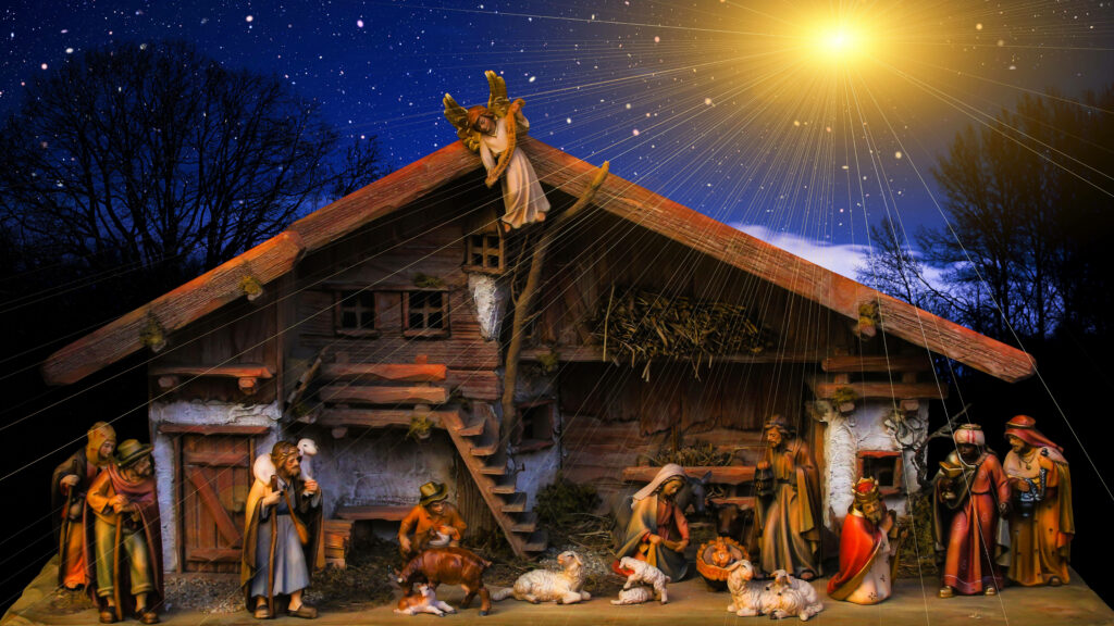 Divine Serenity: A Captivating 8k Nativity Scene Unveiled in a Rustic Wooden Stable - Wholesome Christmas Background Image Wallpaper