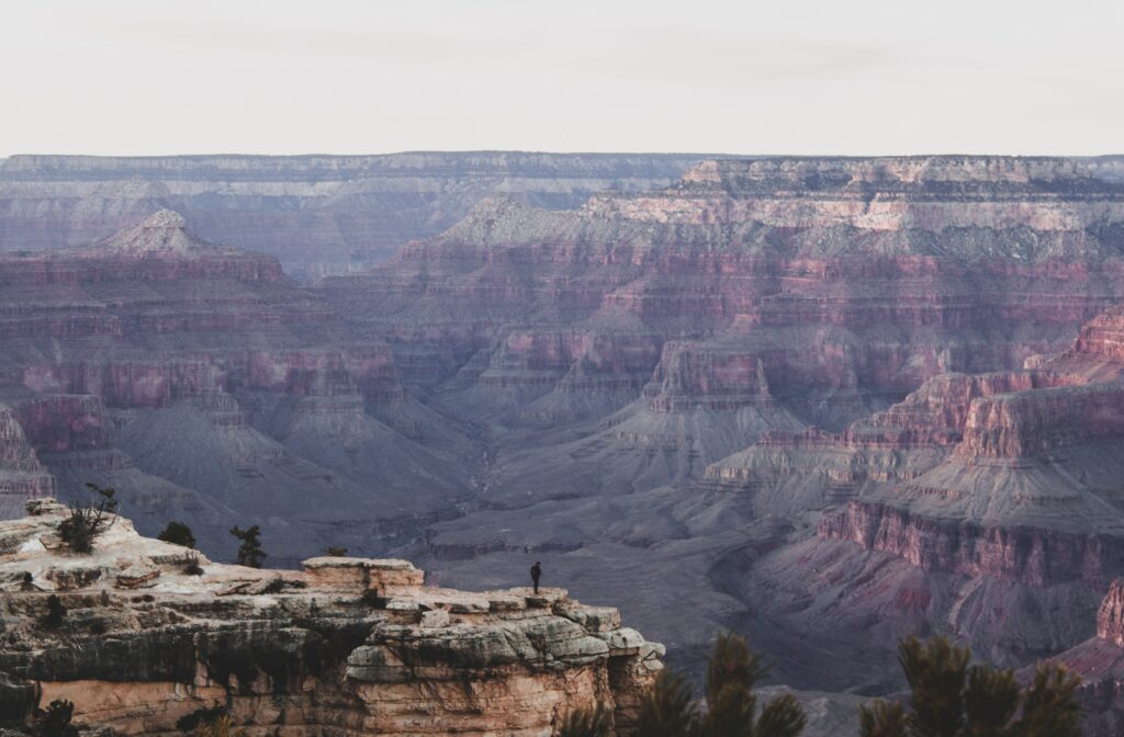 Aerial view of vast canyon with layered purple cliffs and lone figure on rocky outcrop wallpaper