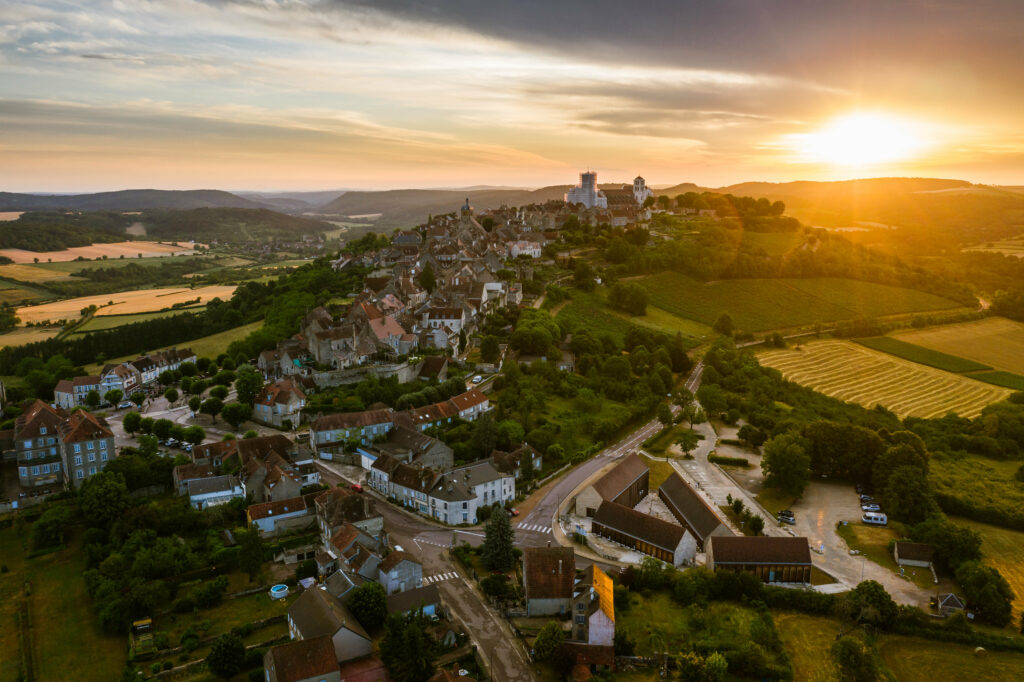 Breathtaking Sunset Aerial Wallpaper of Charming Countryside Town