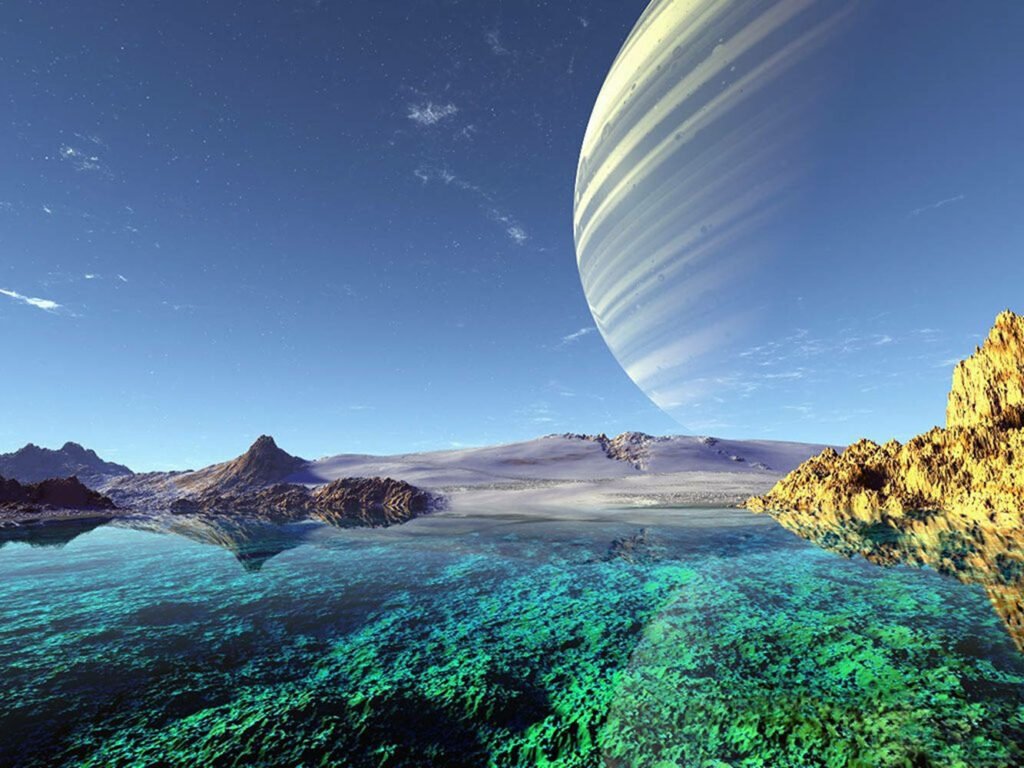 Serene Alien Landscape Wallpaper with Turquoise Lake & Ringed Planet