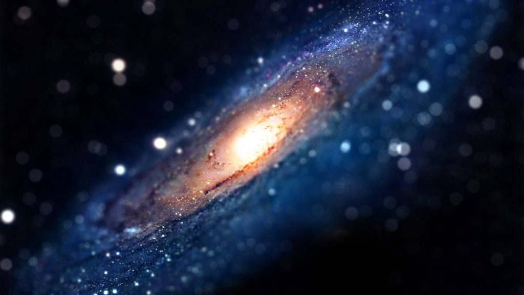 Andromeda Galaxy CGI wallpaper with luminous core and blue nebula arms surrounded by stars