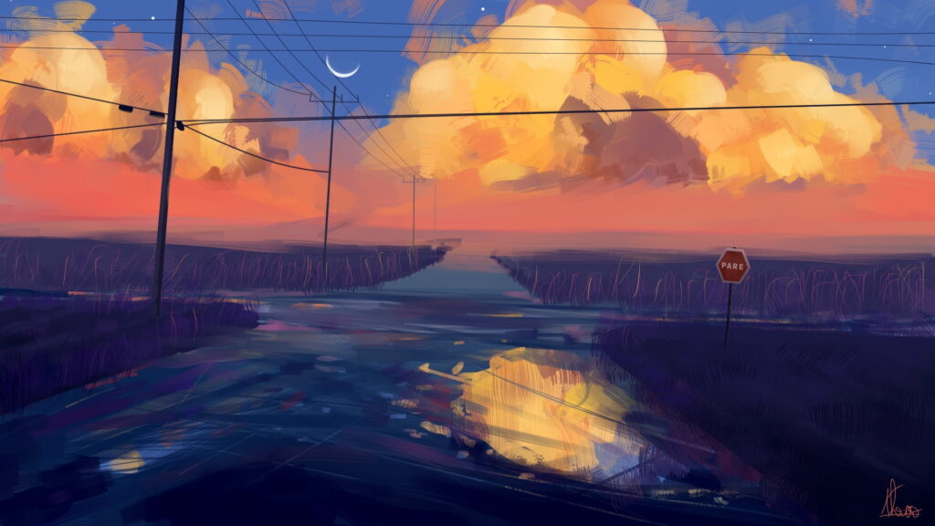 Breathtaking Anime Sunset Landscape Wallpaper with Crescent Moon