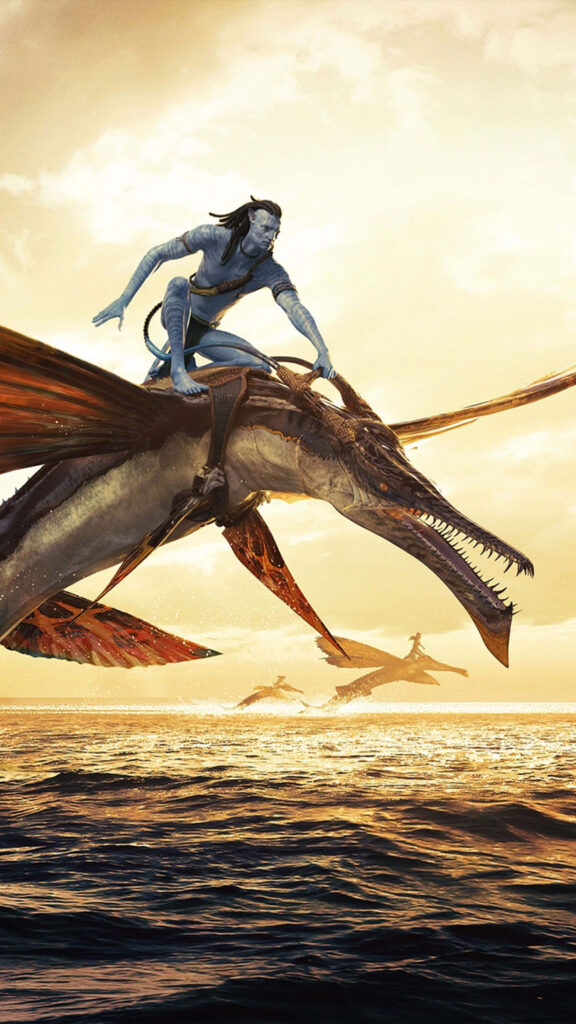 Breathtaking Avatar Wallpaper: Blue Character on Flying Creature Sunset