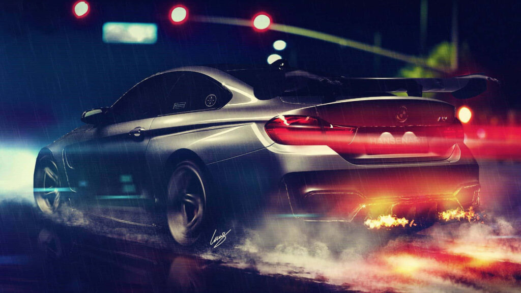 Fiery Elegance: Mesmerizing 1920x1080 M Series Background Showcasing a BMW M4 GTRS4 Car with Striking Flame Effect and Illuminated Tail Lights Wallpaper