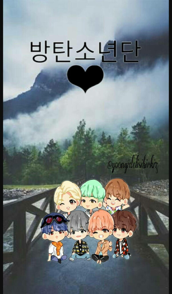 Chibi BTS Anime Fanart: Adorable Band Members Posing on Bridge Amidst Majestic Mountain Scenery Wallpaper