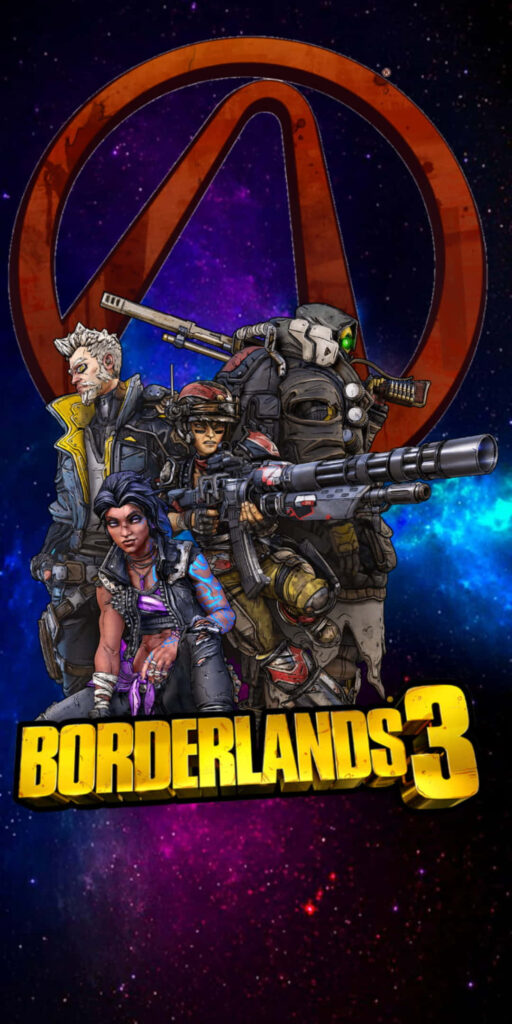 Borderlands 3 Wallpaper: Three Characters Posed Heroically with Art Style and Orange 3 Symbol on Starry Background