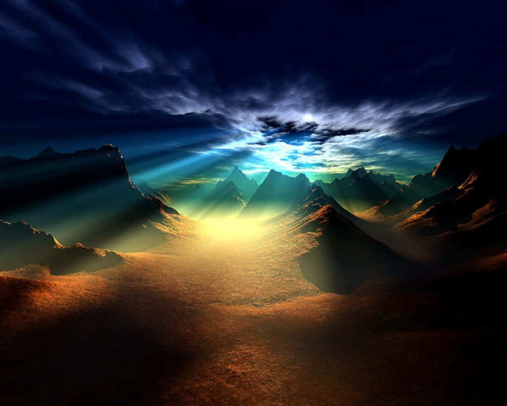 Cinematic CGI landscape with rugged mountains sunlit sand dunes and dramatic god rays in sky Wallpaper