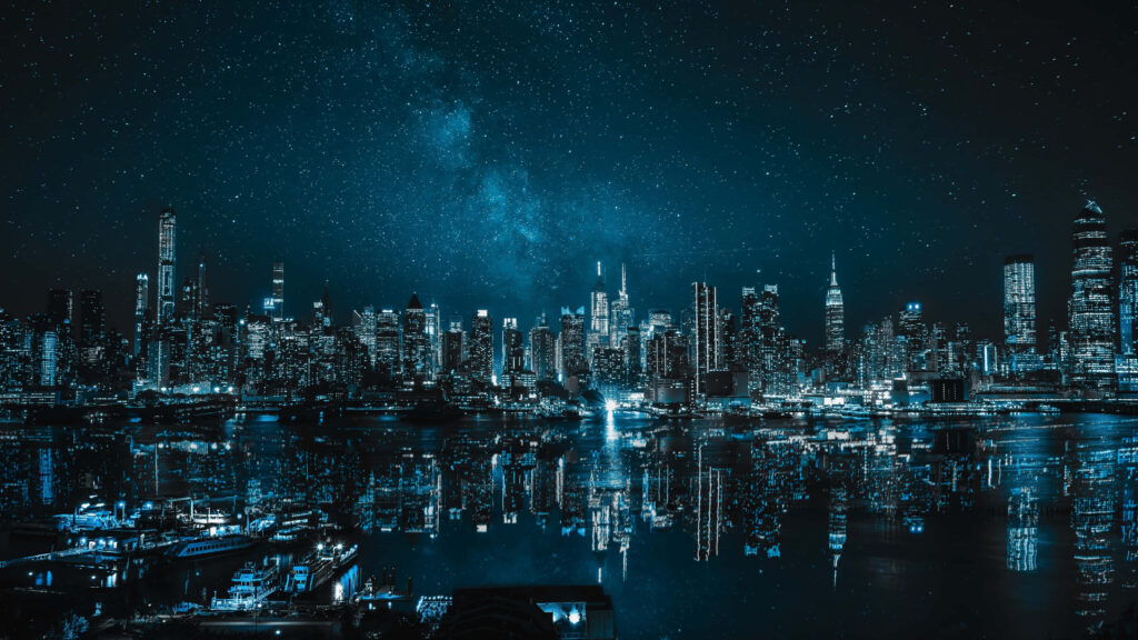 Stunning Cityscape Skyline at Dusk: Skyscrapers & Starry Reflection Wallpaper