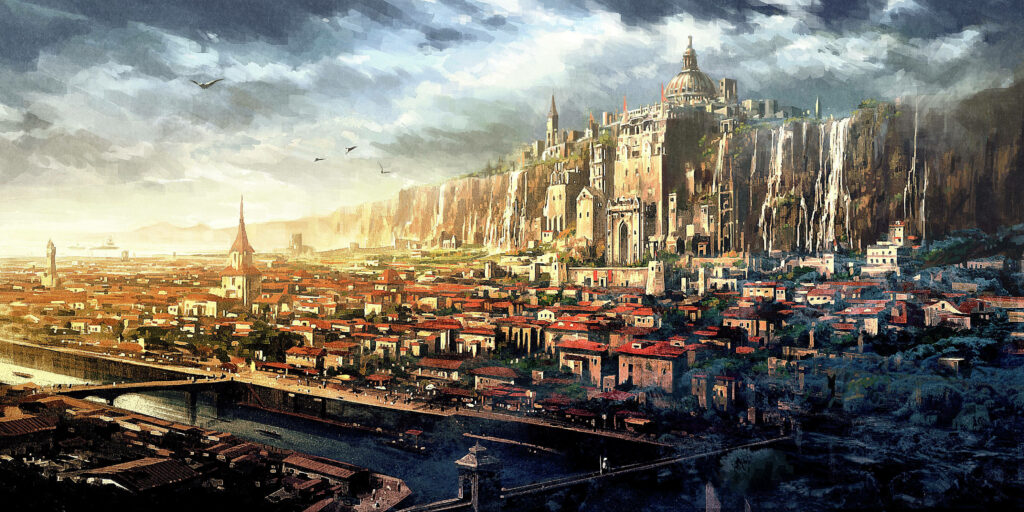 Breathtaking Fictional Cityscape Wallpaper: Castles & Urban Wonders