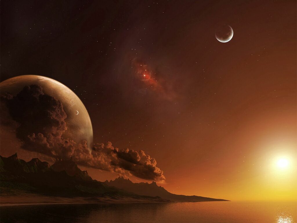 Breathtaking Cosmic Landscape Wallpaper: Fiery Sky & Calm Waters