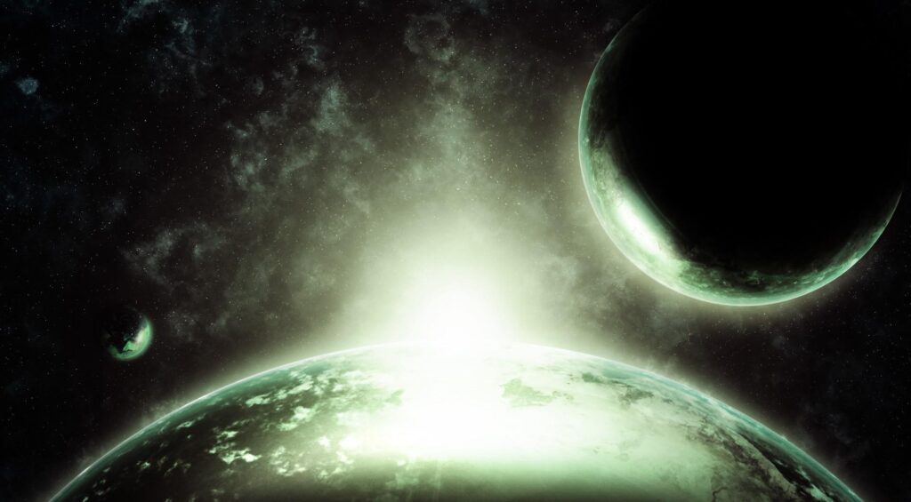Breathtaking Cosmic Wallpaper: Illuminated Planets & Starry Galaxy