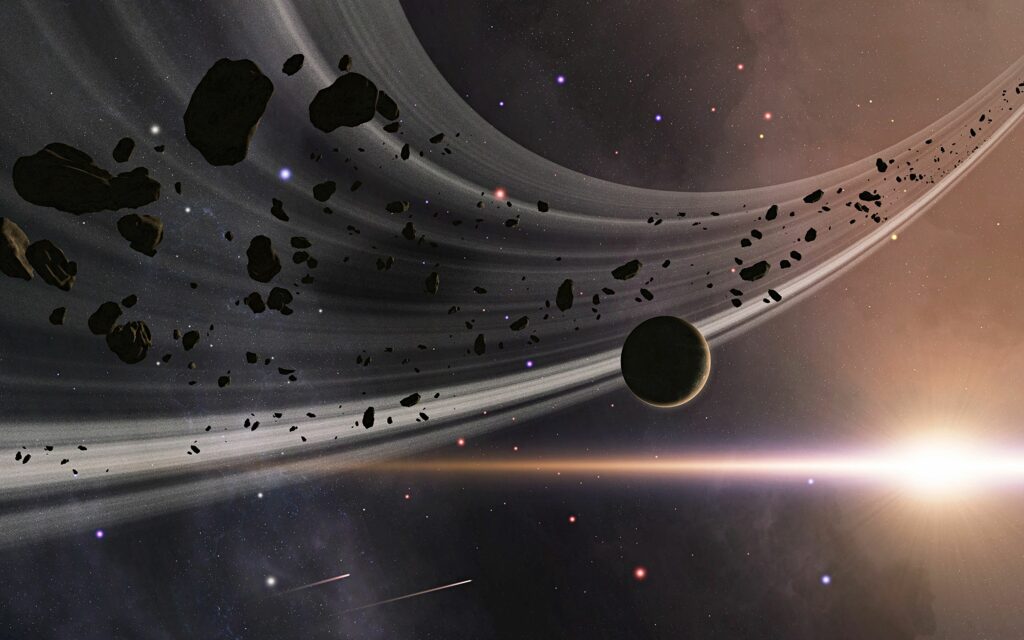 Breathtaking Cosmic Wallpaper: Planet with Asteroids and Distant Stars