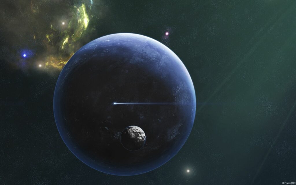 Breathtaking Cosmic Wallpaper: Planet, Moon, and Nebula in Space