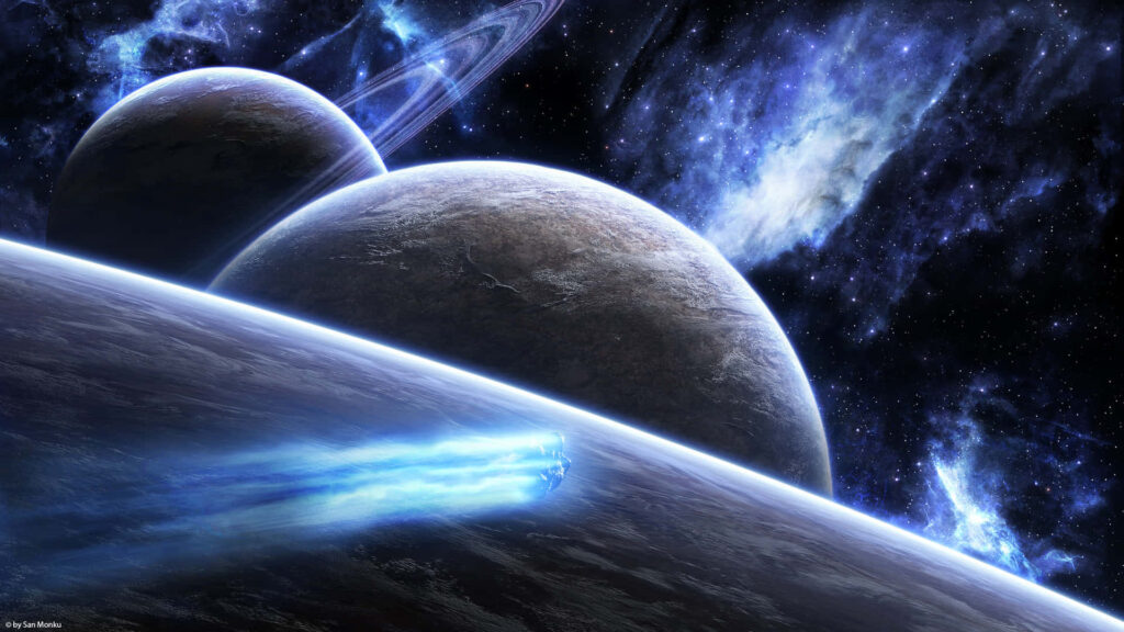 Stunning cosmic wallpaper with detailed planets, starry galaxy, and blue-trailing spacecraft.