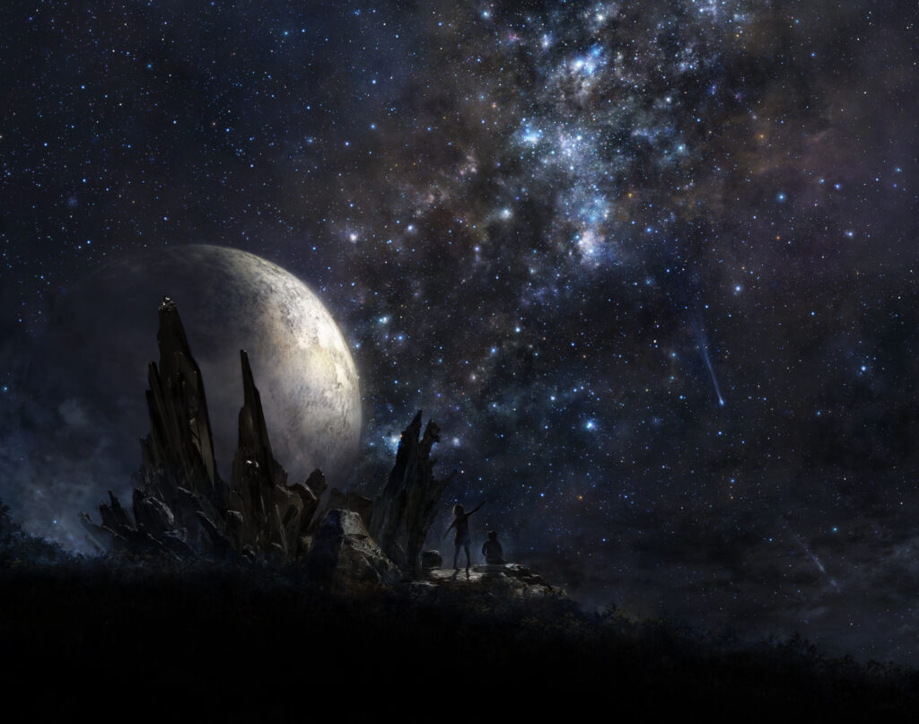 Breathtaking Cosmic Wallpaper: Silhouetted Figures Under Starry Sky