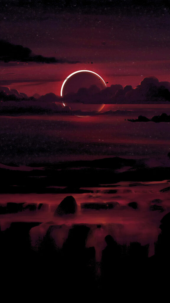 Crescent Moon Over Serene Waters: Dramatic Red & Black Wallpaper