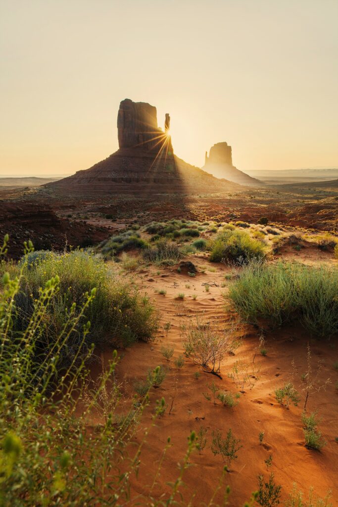 Desert valley sunrise wallpaper with golden rays green bushes dramatic rock formations sand ripples