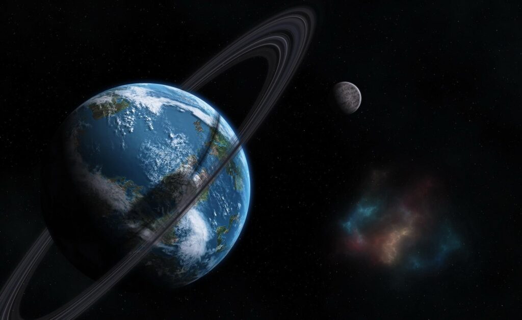 Breathtaking Earth Wallpaper: Cosmic View with Ring and Distant Moon