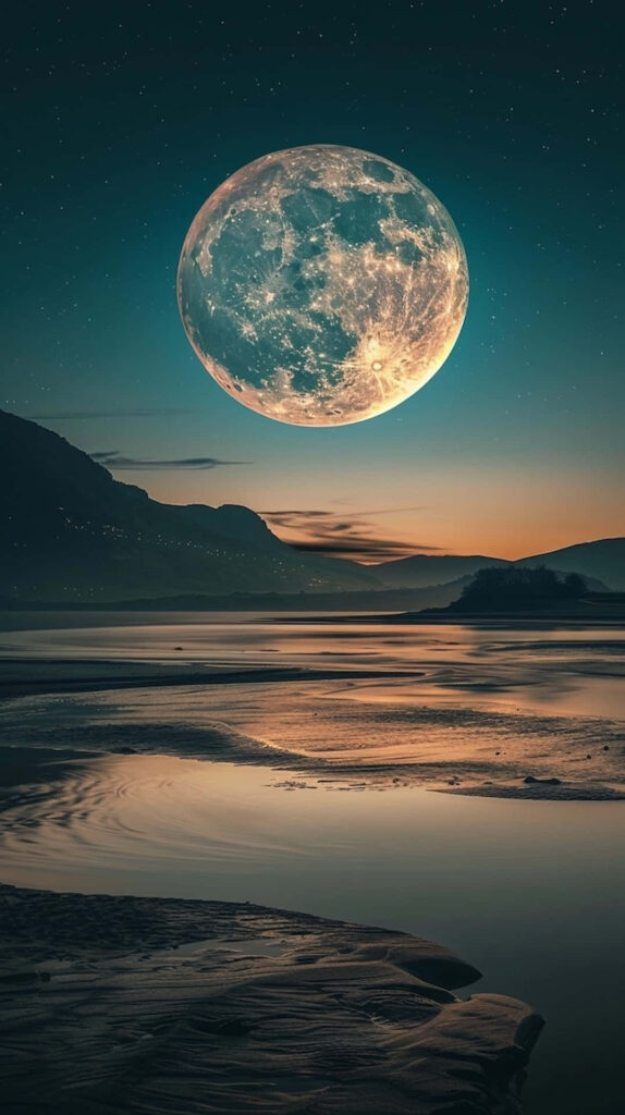 Glowing Full Moon Wallpaper: Serene Landscape & Starry Sky